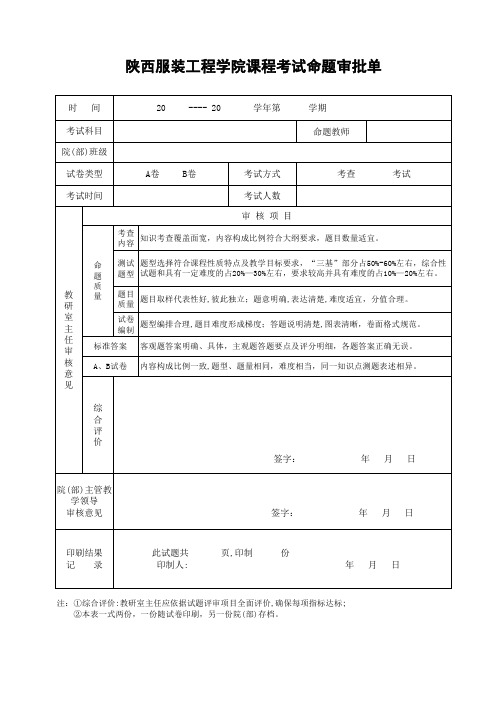 附表5：课程考试命题审批表