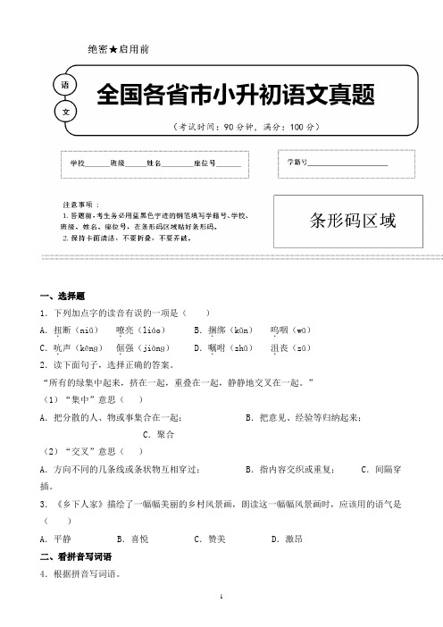 【小升初】2020年广东省韶关市小升初语文毕业会考试题含答案(全网唯一)