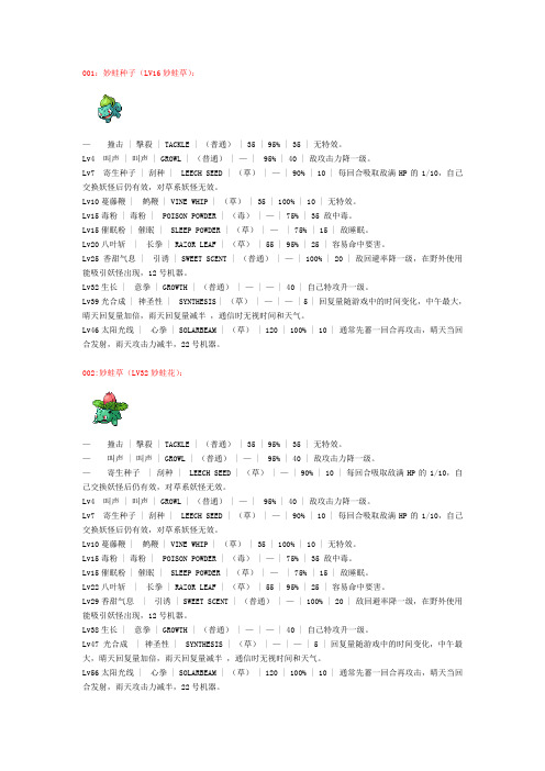 口袋妖怪金银   全精灵招式升级习得表
