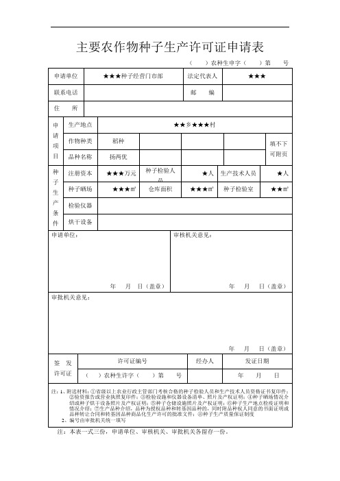 主要农作物种子生产许可证申请表