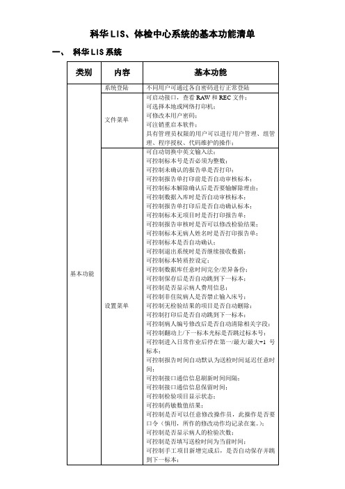 科华LIS系统体检中心系统基本功能清单