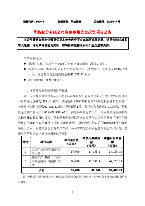 华纺股份：变更募集资金投资项目公告