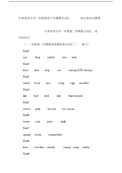 牛津英语小学一年级英语下学期重点词汇、语言知识点整理.doc.docx