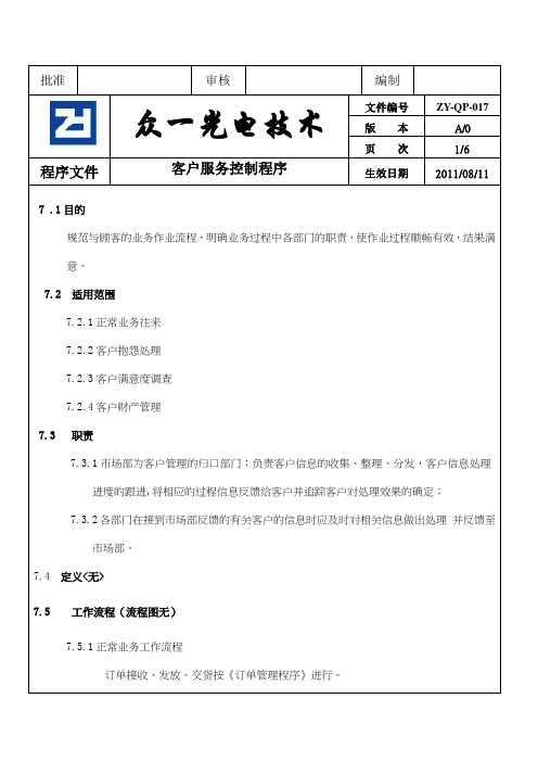 ZYQP017顾客服务控制程序