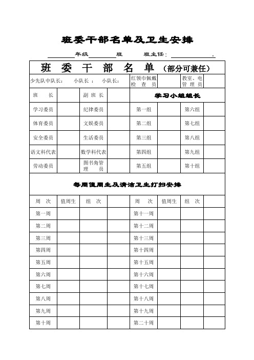 班委干部名单及卫生安排