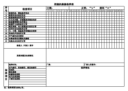 挖掘机维修保养记录表