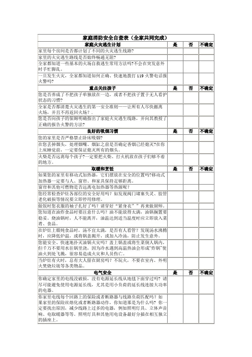 家庭消防安全自查表(全家共同完成)