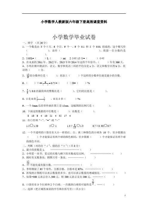 小学数学人教新版六年级下册高效课堂资料数学毕业试卷