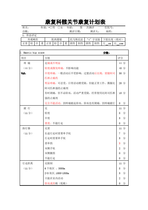 康复科髋关节康复计划表