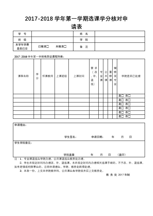 2017-2018学年第一学期选课学分核对申请表【模板】