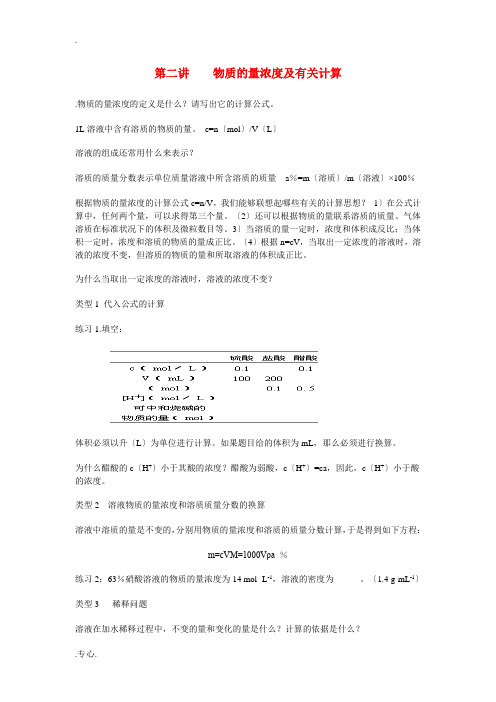 高三化学二轮专题复习 物质的量浓度及有关计算教案