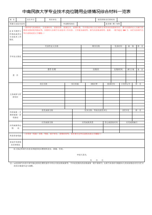 专业技术岗位聘用业绩情况综合材料一览表(A3纸)__4级及4级以下专业技术岗位2015