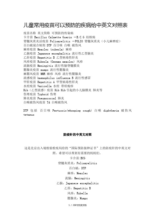 防疫针中英文对照