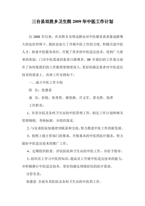 双胜乡卫生院2009年中医工作计划