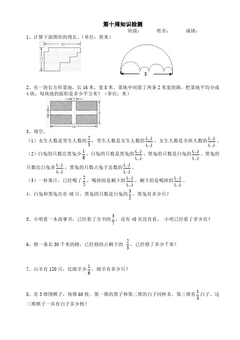 2014-2015苏教版小学六年级数学下册第十周练习题