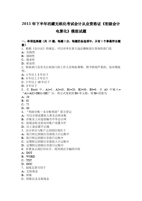 2015年下半年西藏无纸化考试会计从业资格证《初级会计电算化》模拟试题