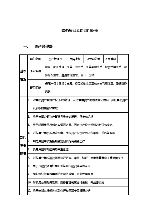 (医疗药品)哈药集团部门职责