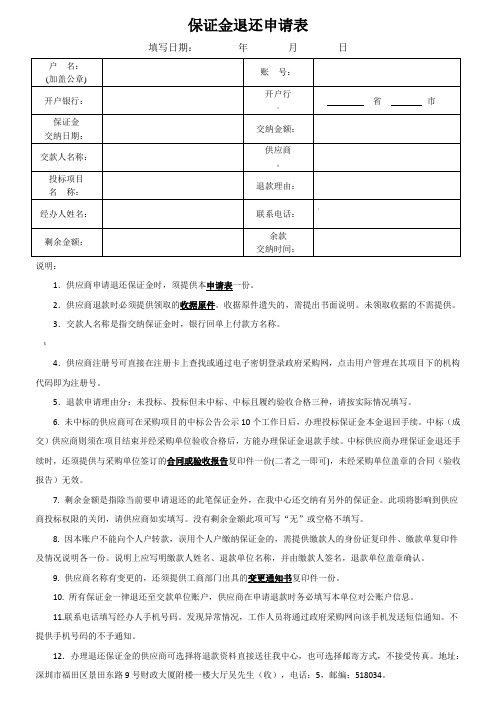 保证金退还申请表