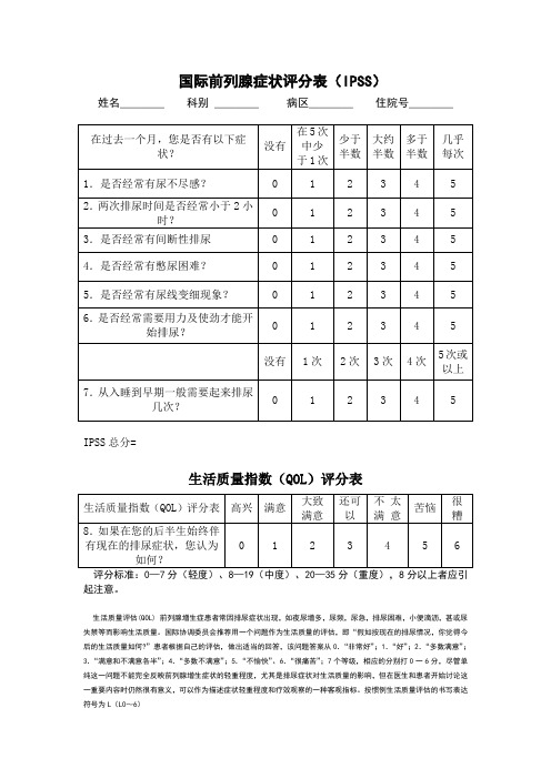 国际前列腺症状评分和生活质量表格(IPSS)