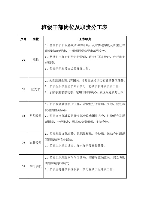 班级干部岗位及职责分工表