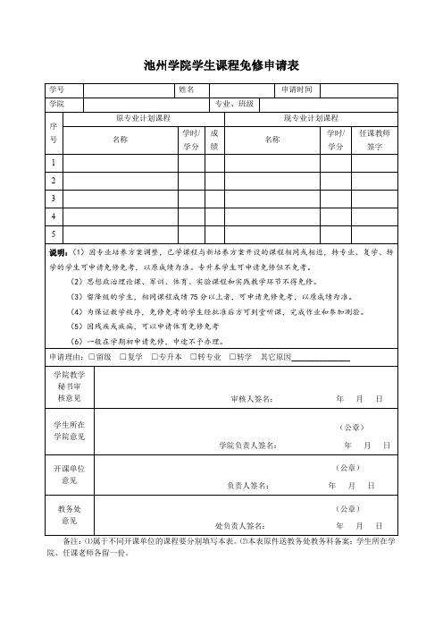 池州学院学生课程免修申请表