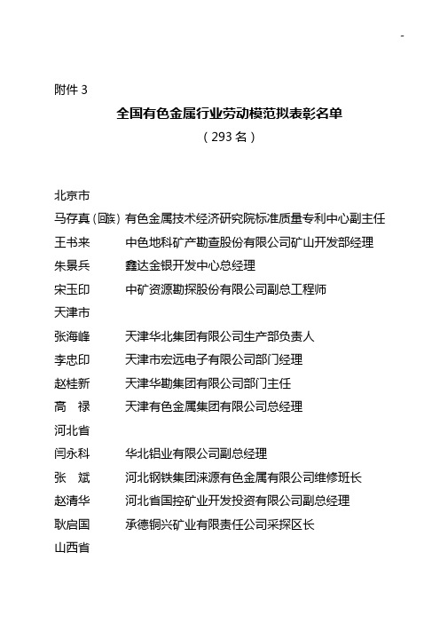 全国有色金属行业劳动模范