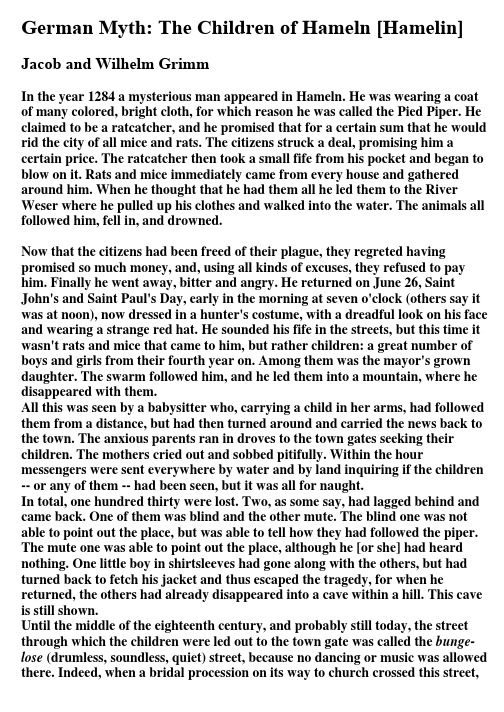 花衣魔笛手Pied Piper of Hamelin German Myth trans D L Ashliman WC I Oct 2013