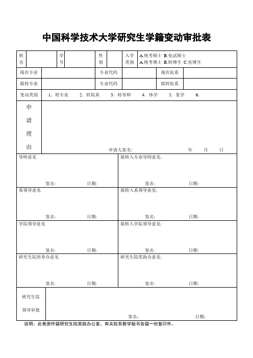 中国科技大学 中国科学技术大学研究生学籍变动审批表