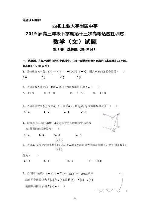 2019届西北工业大学附属中学高三下学期第十三次高考适应性训练数学(文)试题及答案