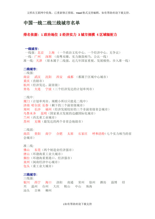 中国一线二线三线城市名录