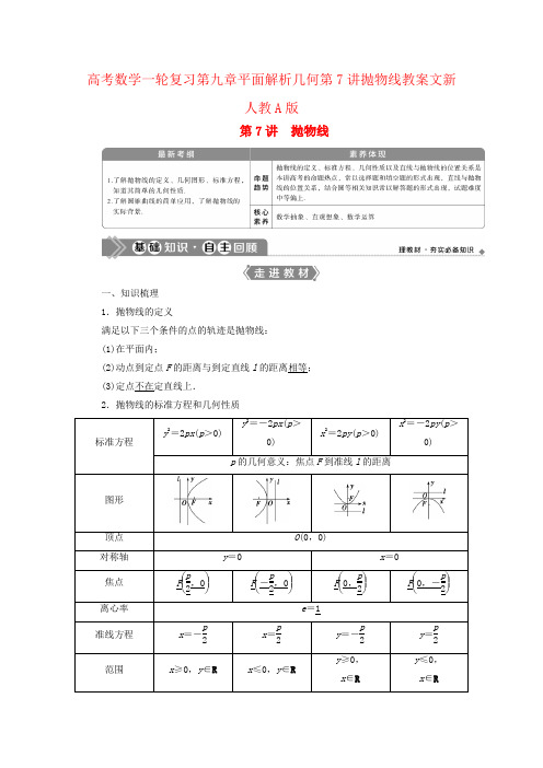 高考数学一轮复习第九章平面解析几何第7讲抛物线教案文新人教A版