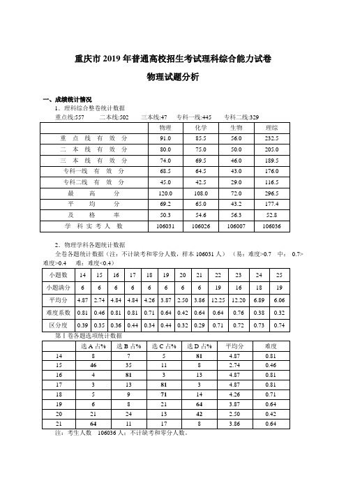 2019年 重庆理综 物理试题分析1