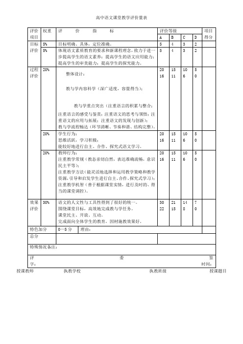 高中语文课堂教学评价量表