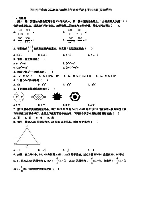 四川省巴中市2019年八年级上学期数学期末考试试题(模拟卷三)