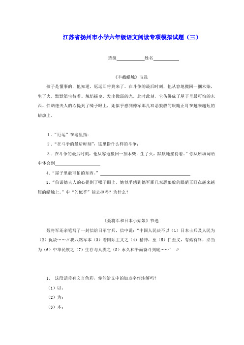 江苏省扬州市小学六年级语文 阅读专项模拟试题(三)