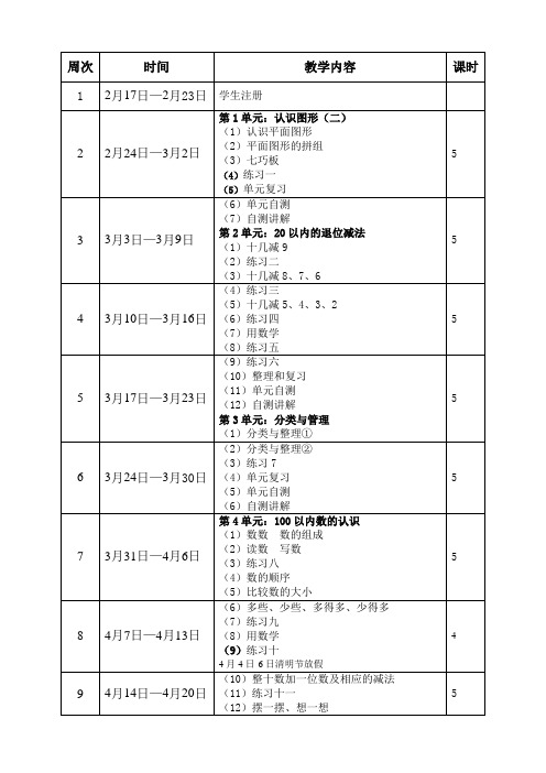 数学一年级下册教学进度表