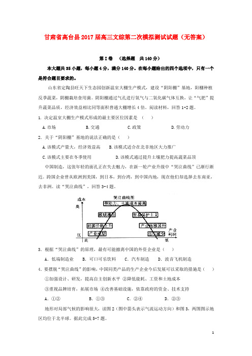 甘肃省高台县2017届高三文综第二次模拟测试试题(无答案)