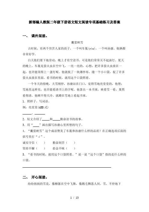 新部编人教版二年级下册语文短文阅读专项基础练习及答案