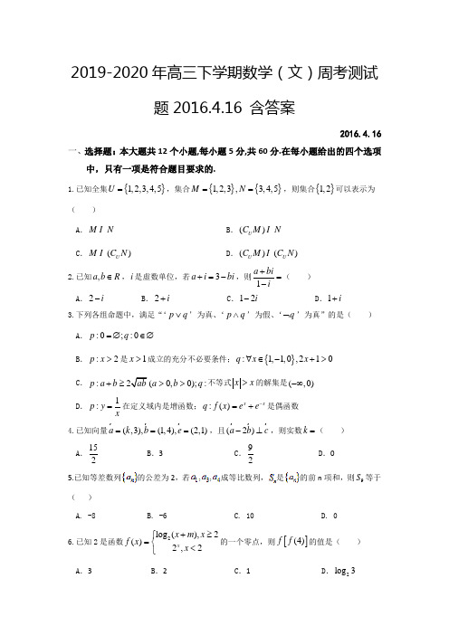 2019-2020年高三下学期数学(文)周考测试题2016.4.16 含答案