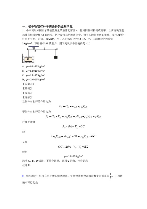 中考物理综合题专题复习【杠杆平衡条件的应用问题】专题解析附详细答案