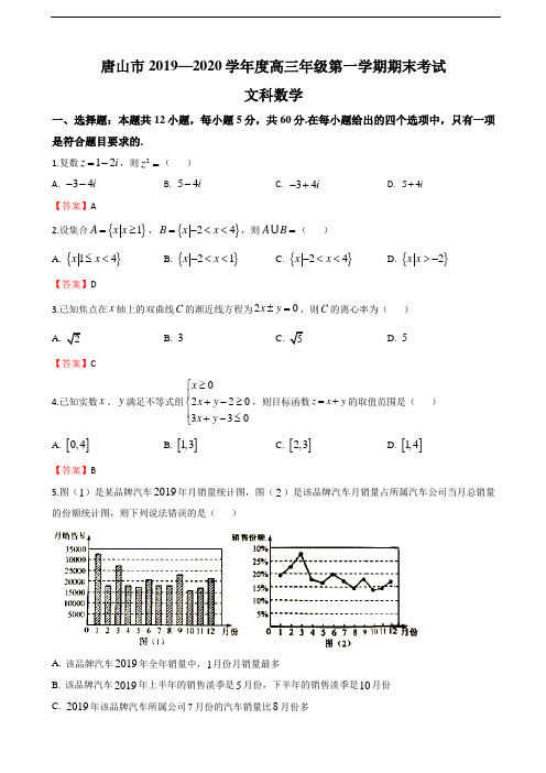 2020届河北省唐山市高三上学期期末考试数学文科试题
