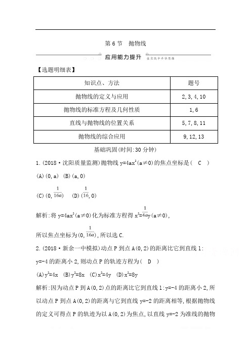 2020版导与练一轮复习理科数学习题：第八篇 平面解析几何(必修2、选修1-1) 第6节 抛物线 