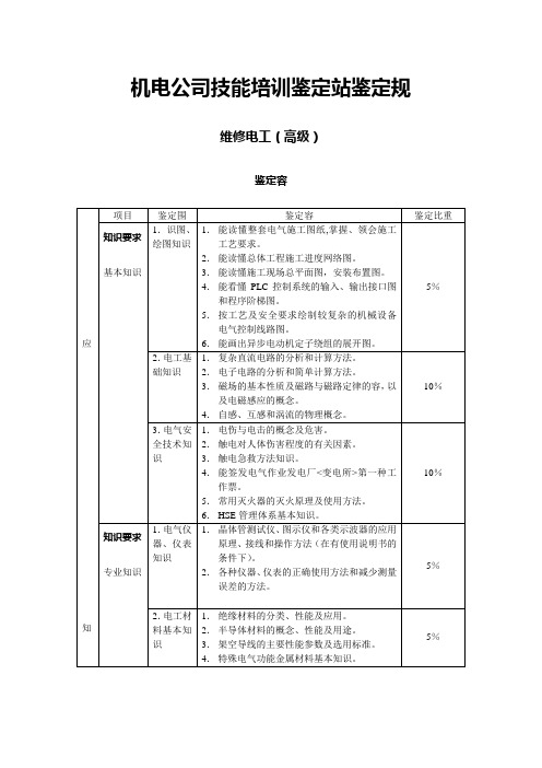 高级维修电工技能鉴定考试大纲