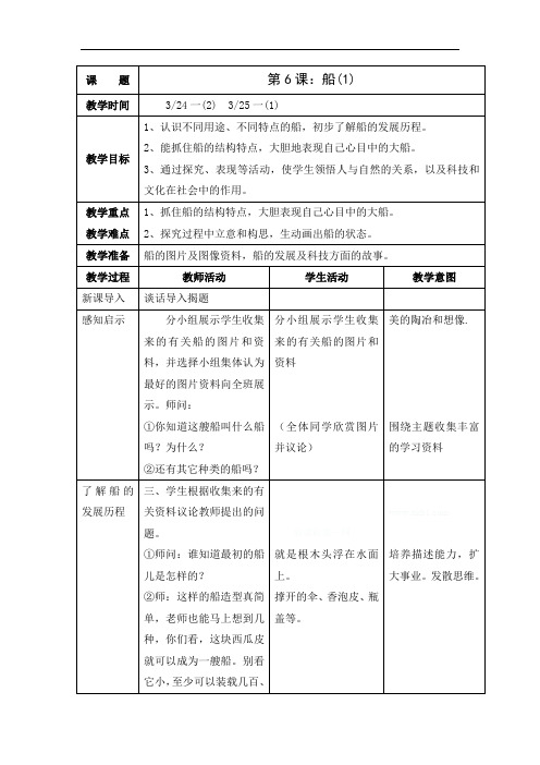 人美版一年级下册美术教案全册表格式-10、第6课 船(1)