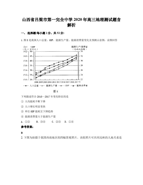 山西省吕梁市第一完全中学2020年高三地理测试题含解析