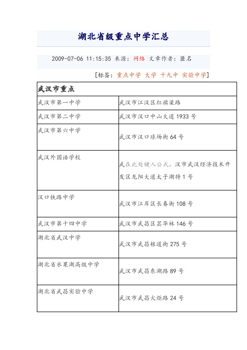 湖北省级重点中学汇总