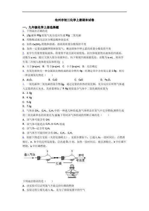 沧州市初三化学初三化学上册期末试卷