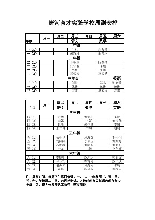 2015春期唐河育才实验学校周测安排