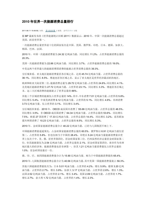 2010年世界一次能源消费总量排行