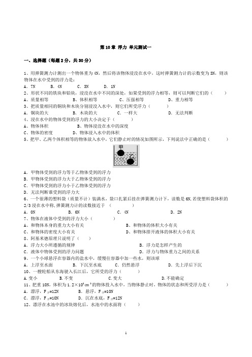 人教版8年级物理下册 第10章 浮力 单元测试题1